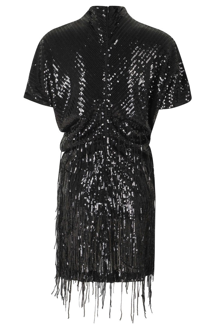 Federica Tosi Black Sequined High-Neck Fringe Mini Dress