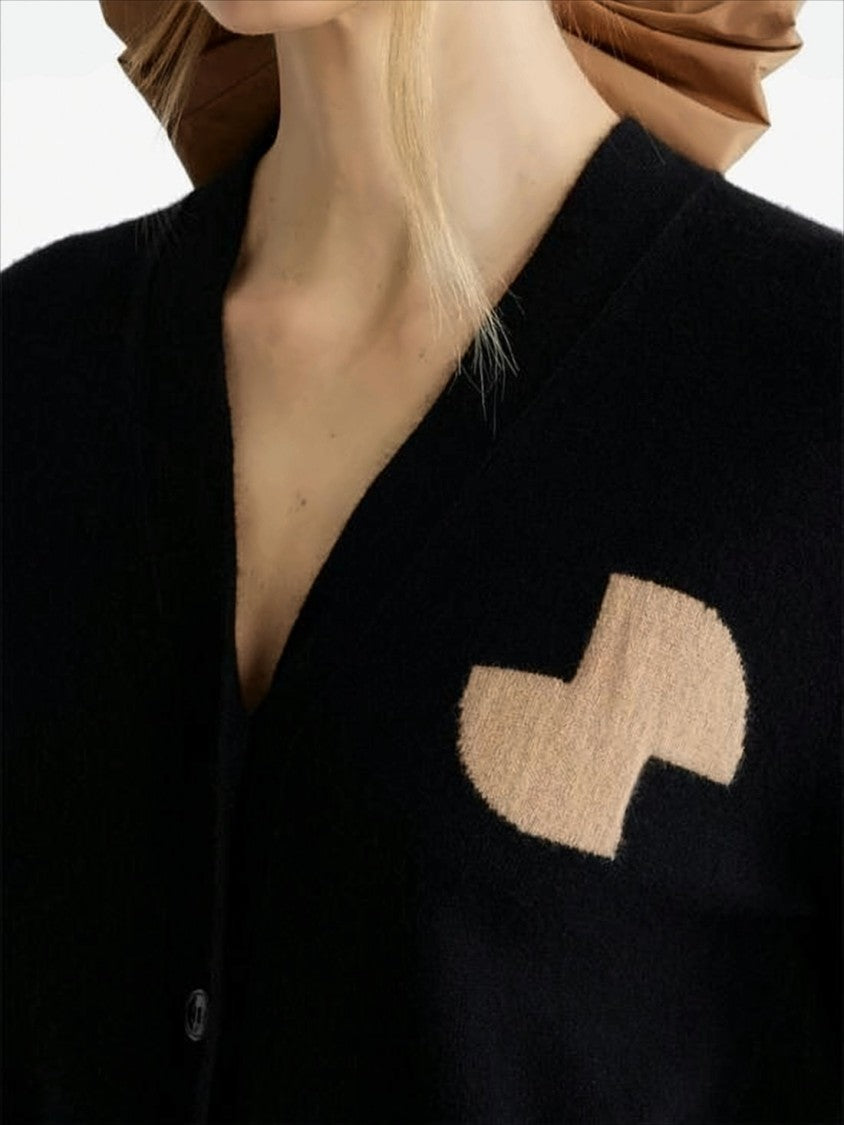 Patou Relaxed Black V-Neck Cardigan With Contrasting Chest Patch