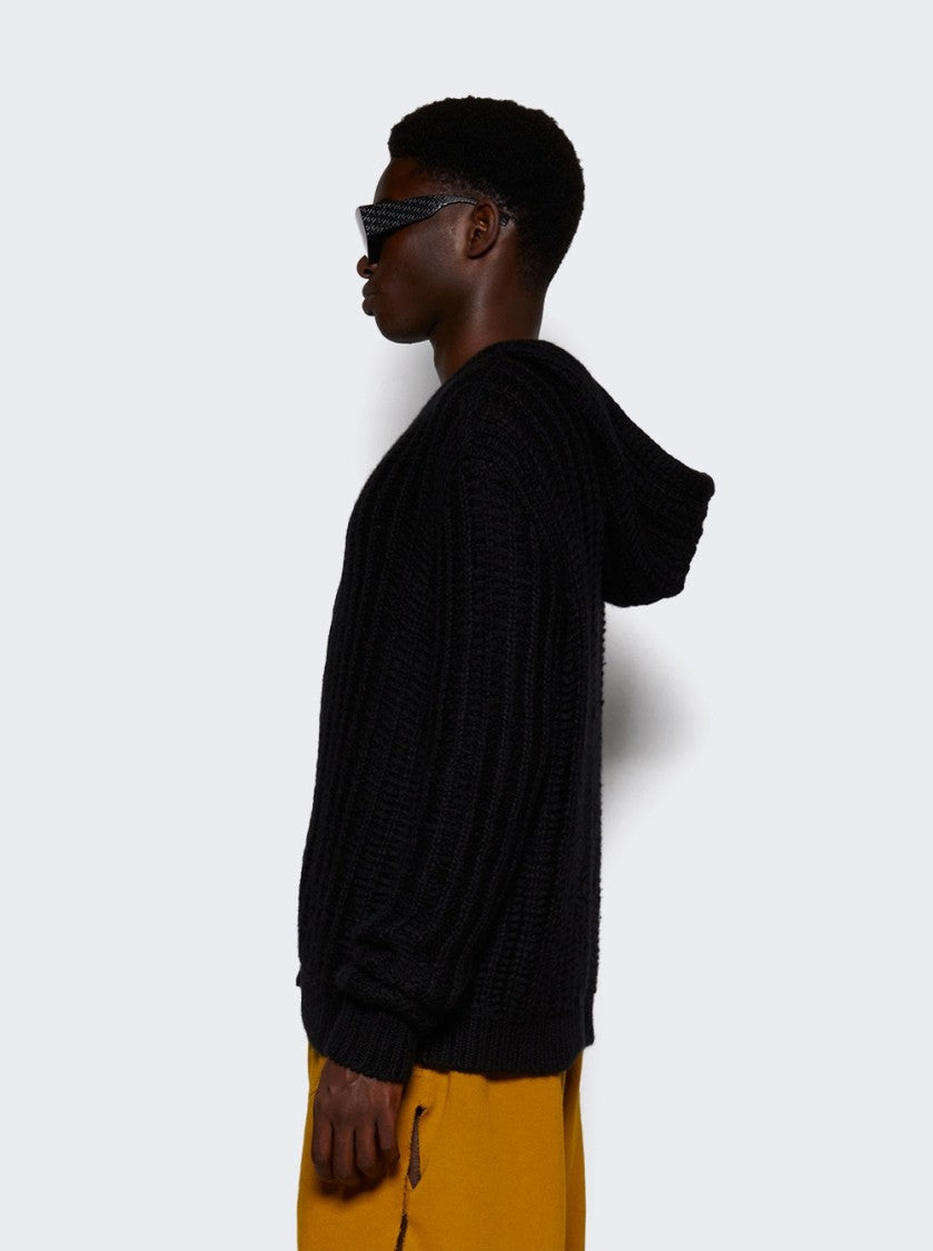 Rick Owens Textured Black Zipped Hoodie With Garter Stitch Detail