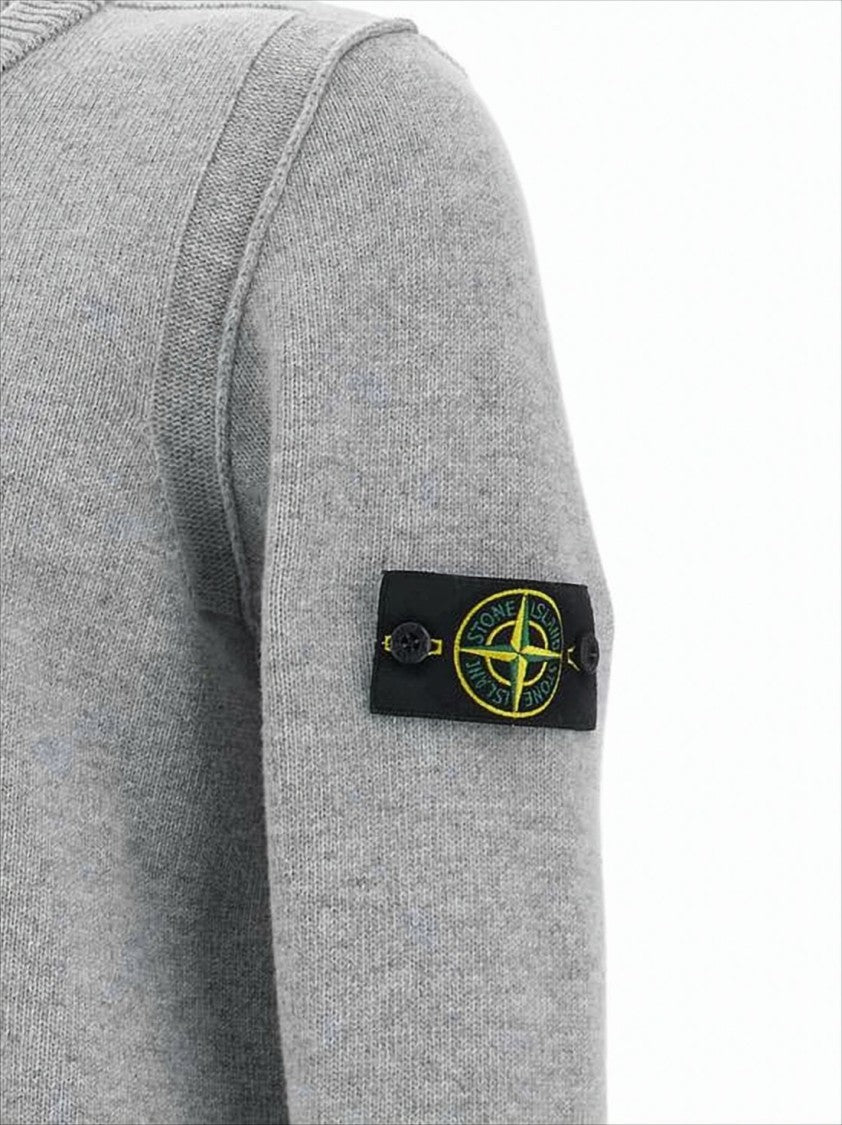 Stone Island Classic Crew Neck Grey Knitwear Sweater With Compass Patch