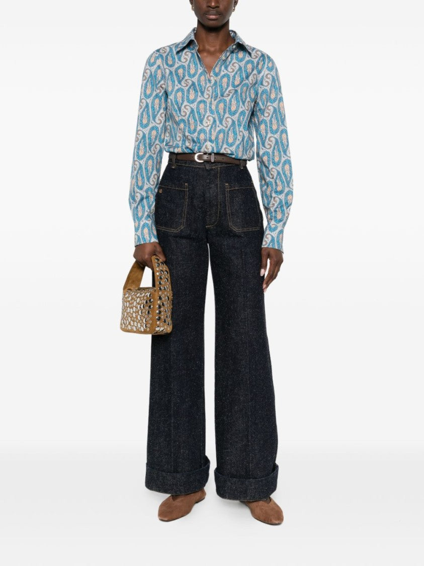 Etro Turquoise Paisley Print Long-Sleeve Shirt With Classic Collar