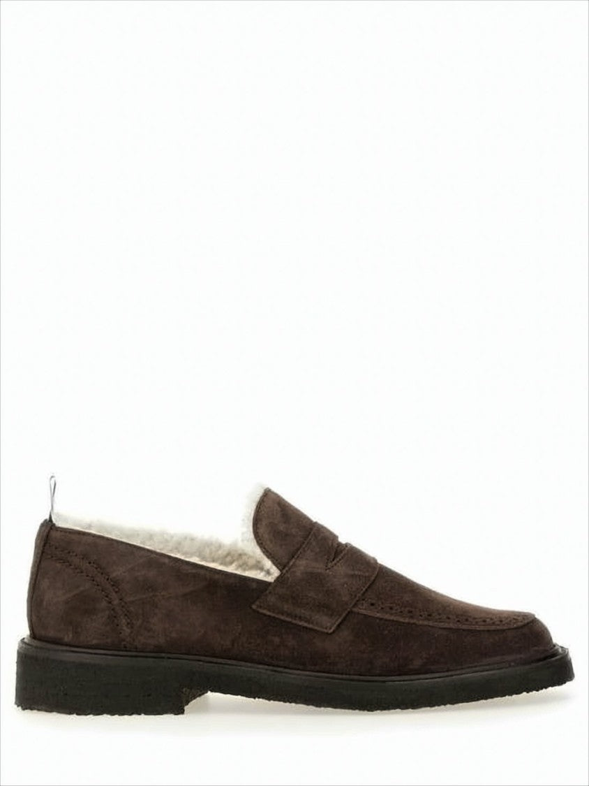 Thom Browne Dark Brown Suede Loafers With Shearling Lining And Tricolor Detail