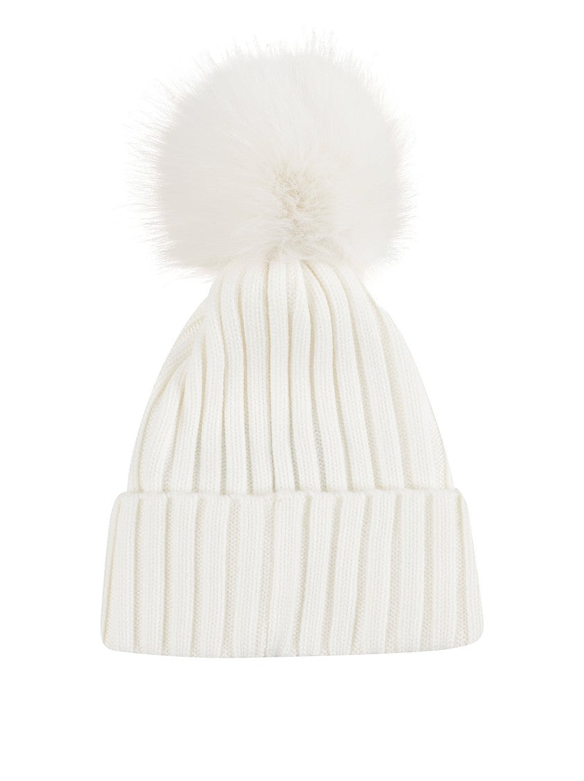 Moncler Ribbed Knit Wool Hat With Faux Fur Pompom