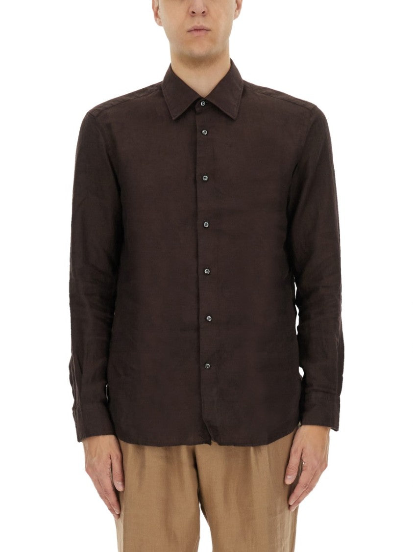 Boss Camel Brown Slim Fit Linen Shirt With Button-Down Front