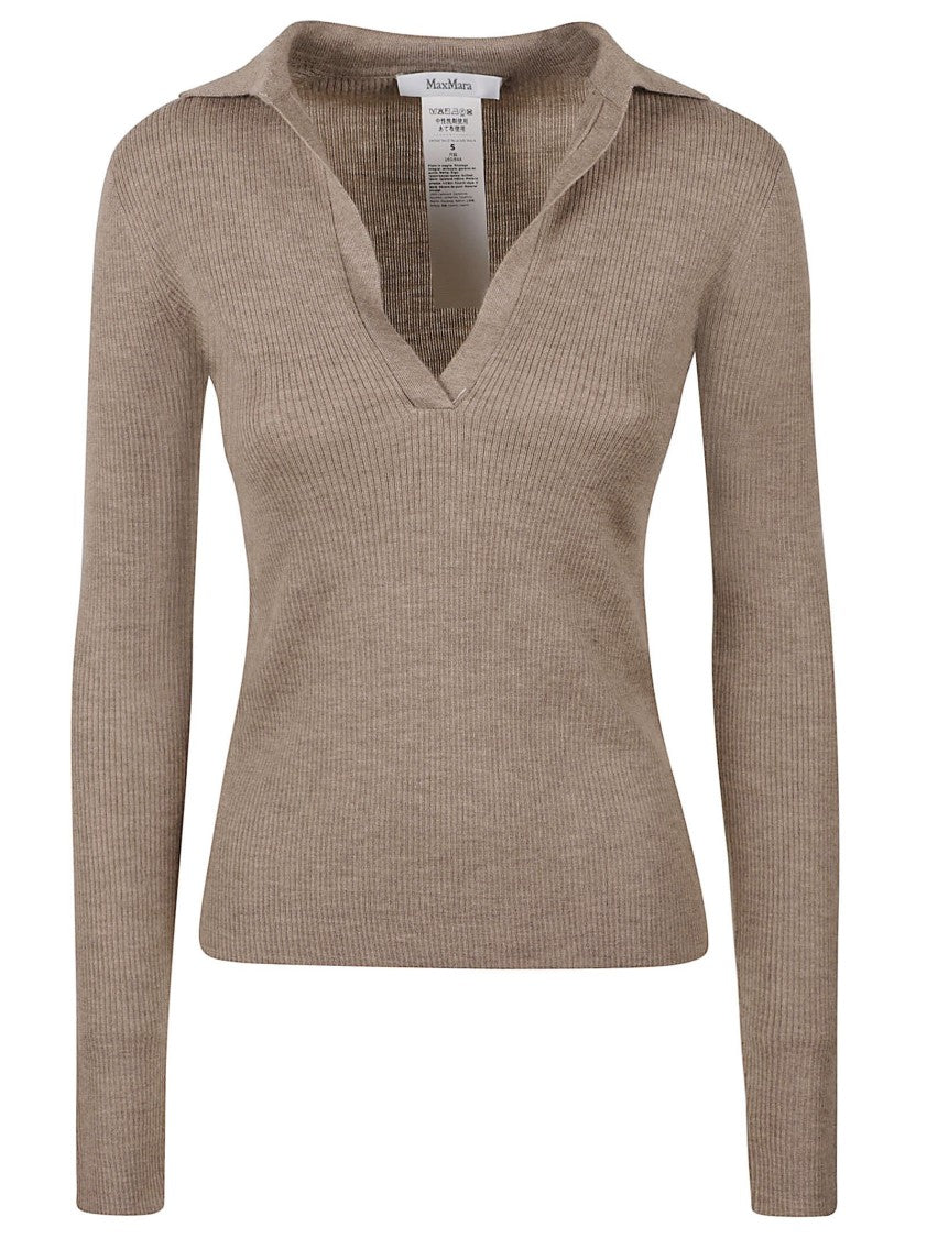 Max Mara Ribbed Knit Top With Subtle Collar And Deep V-Neckline