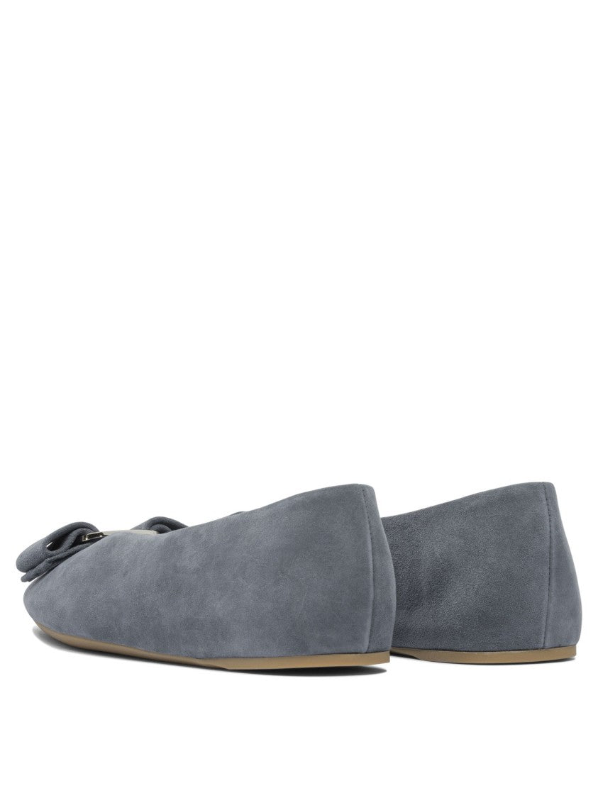Ferragamo Grey Leather Ballerinas With Bow Accent