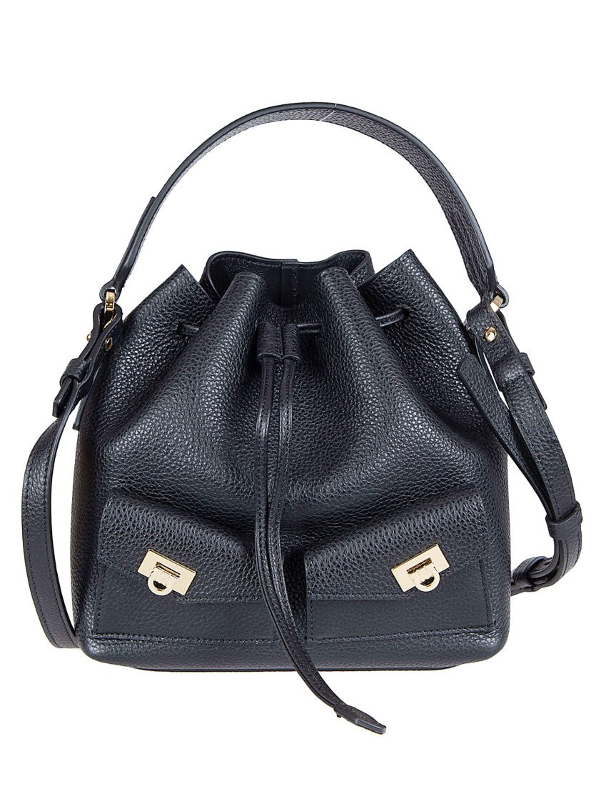 Ferragamo Small Bucket Bag In Finely Textured Black Leather