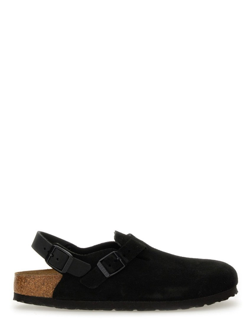 Birkenstock Minimalist Black Suede Slip-On Clogs With Adjustable Strap