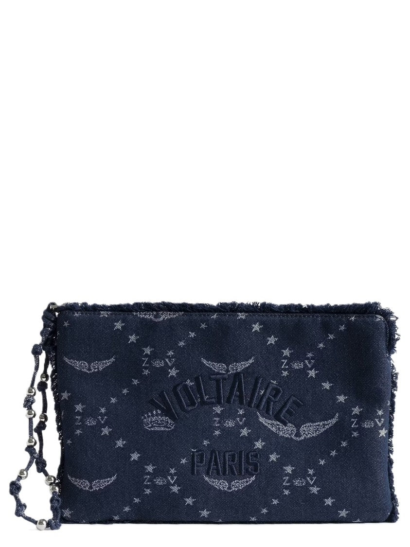 Zadig & Voltaire Rectangular Dark Denim Clutch With Embroidered Logo