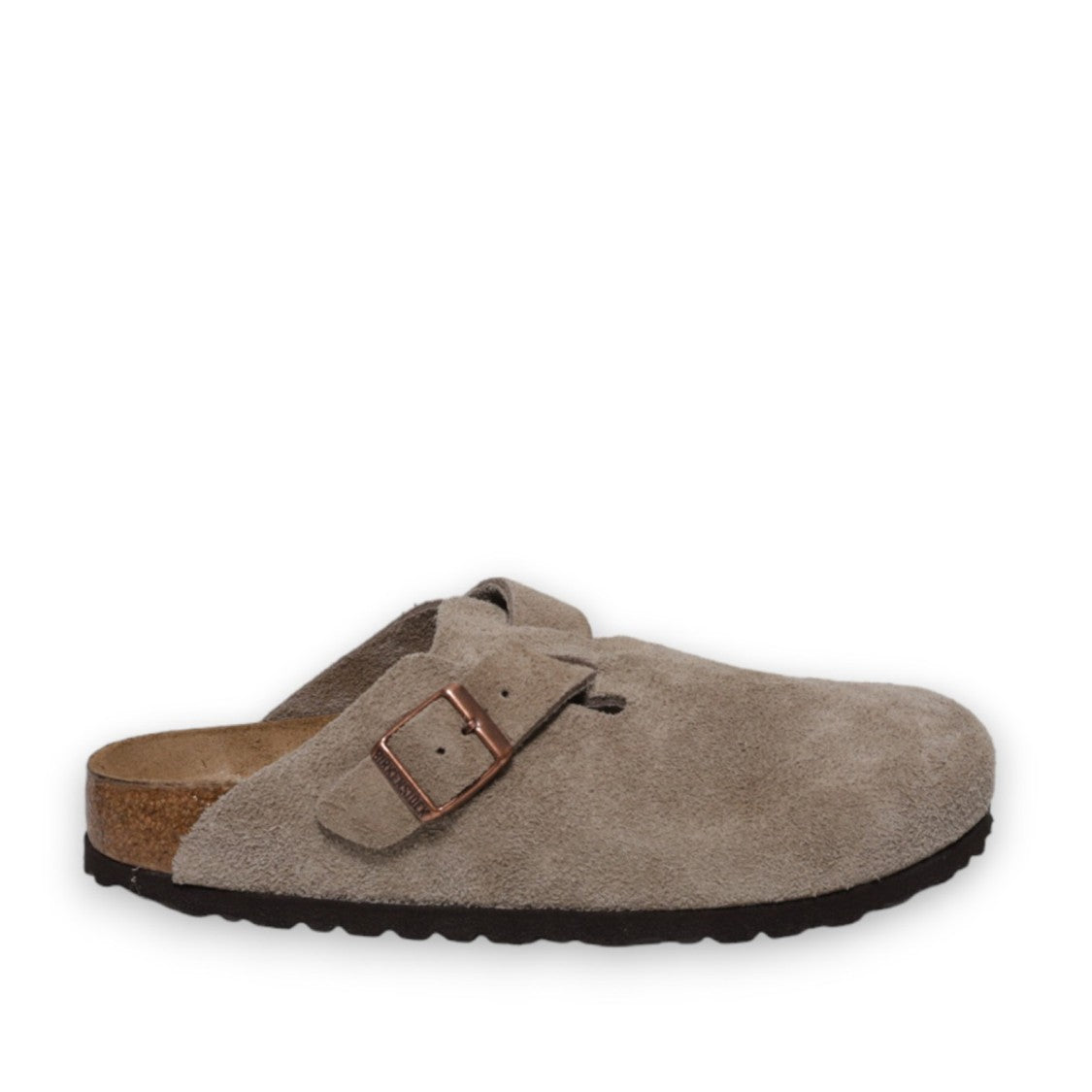 Birkenstock Suede Taupe Boston Clogs With Adjustable Buckle