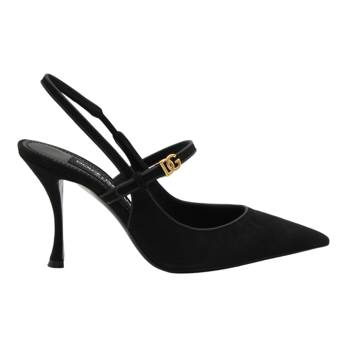 Dolce & Gabbana Pointed Toe Black Slingback Heels With Gold-Tone Logo Buckle