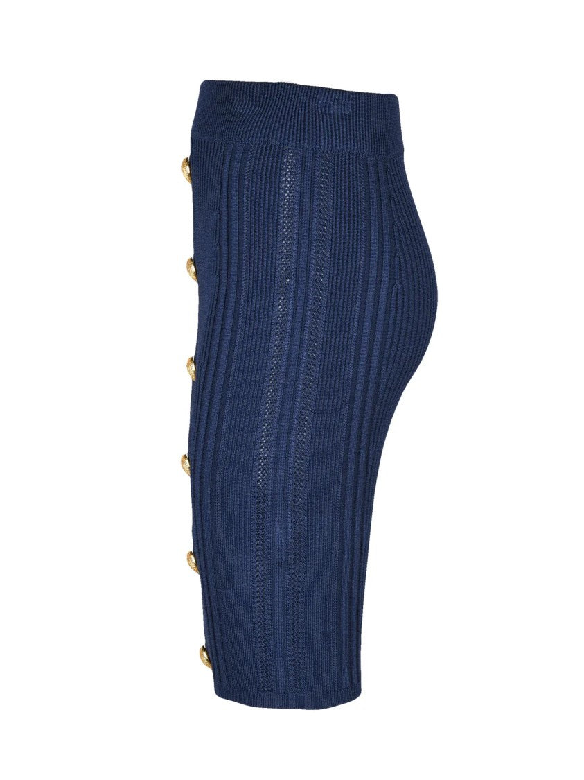 Balmain Fitted Blue Knit Skirt With Ribbed Texture And Gold Button Detailing