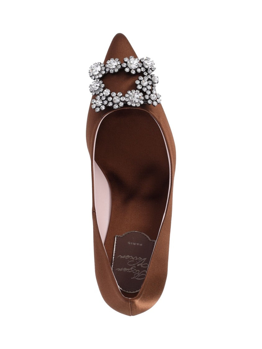 Roger Vivier Brown Satin Efflorescence Crystal Pumps