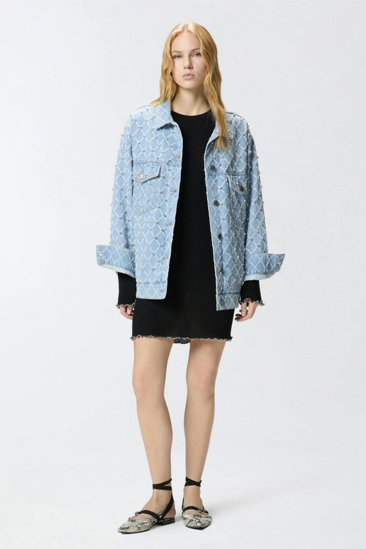 Pinko Light Blue Allover Crystal Studded Diamond Lattice Denim Jacket