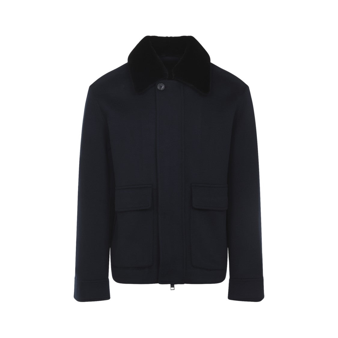 Yves Salomon Structured Black Leather Jacket With Plush Collar And Concealed Closure