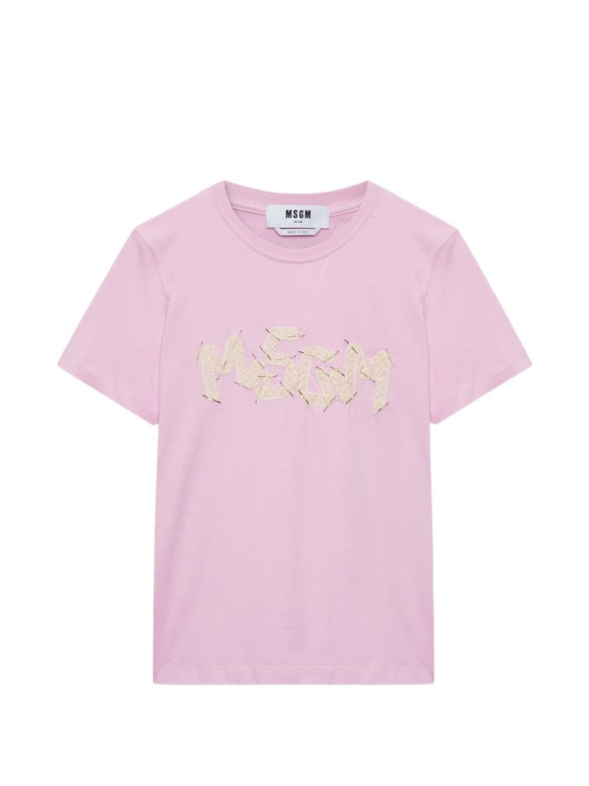 Msgm Light Pink Cotton T-Shirt With Embellished Detailing