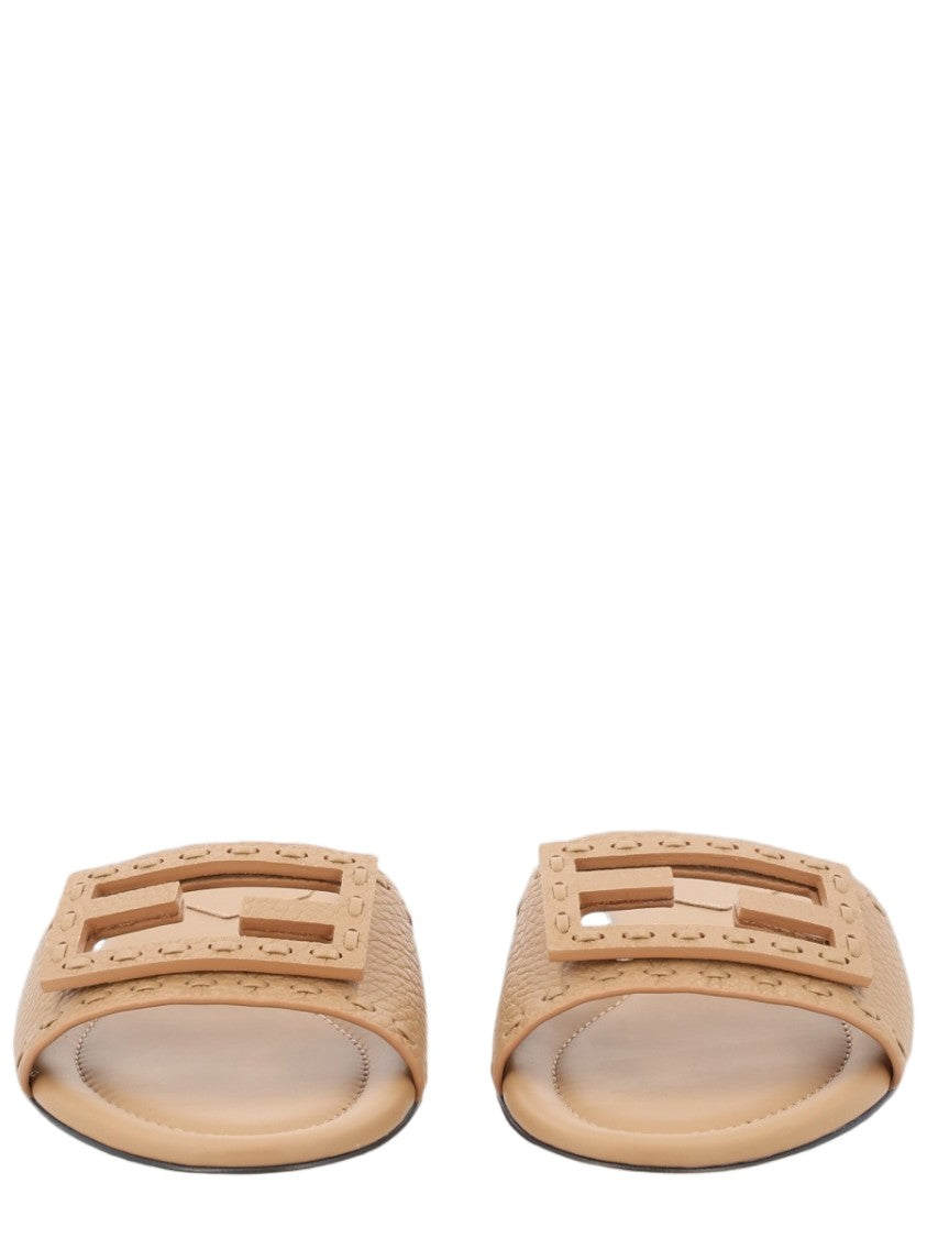 Fendi Textured Calf Leather Slides With Geometric Embellishment
