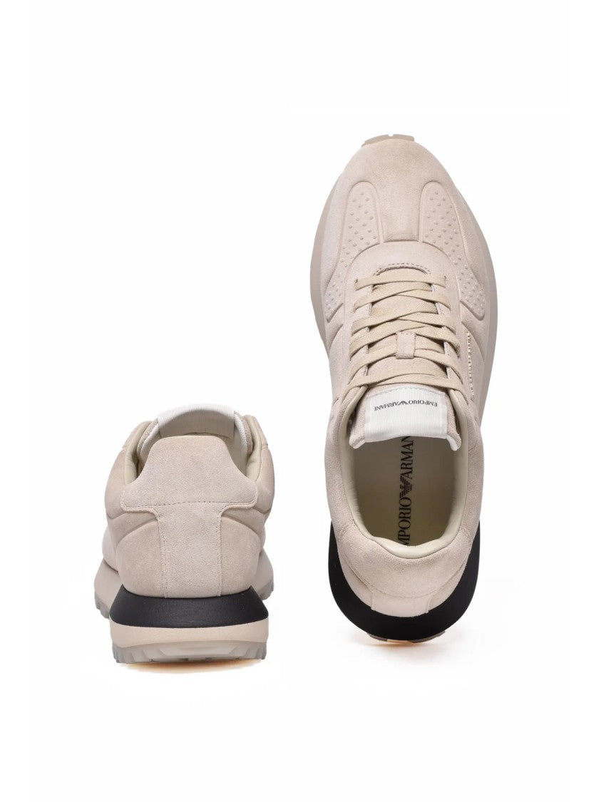 Emporio Armani Beige Leather Contrast-Heel Sneakers