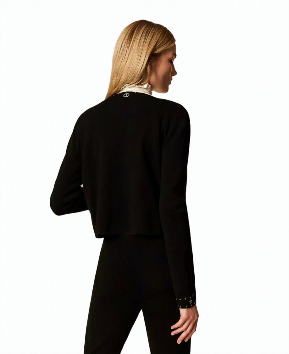 Twin-Set Black Rhinestone Studded Viscose-Blend Knit Cardigan