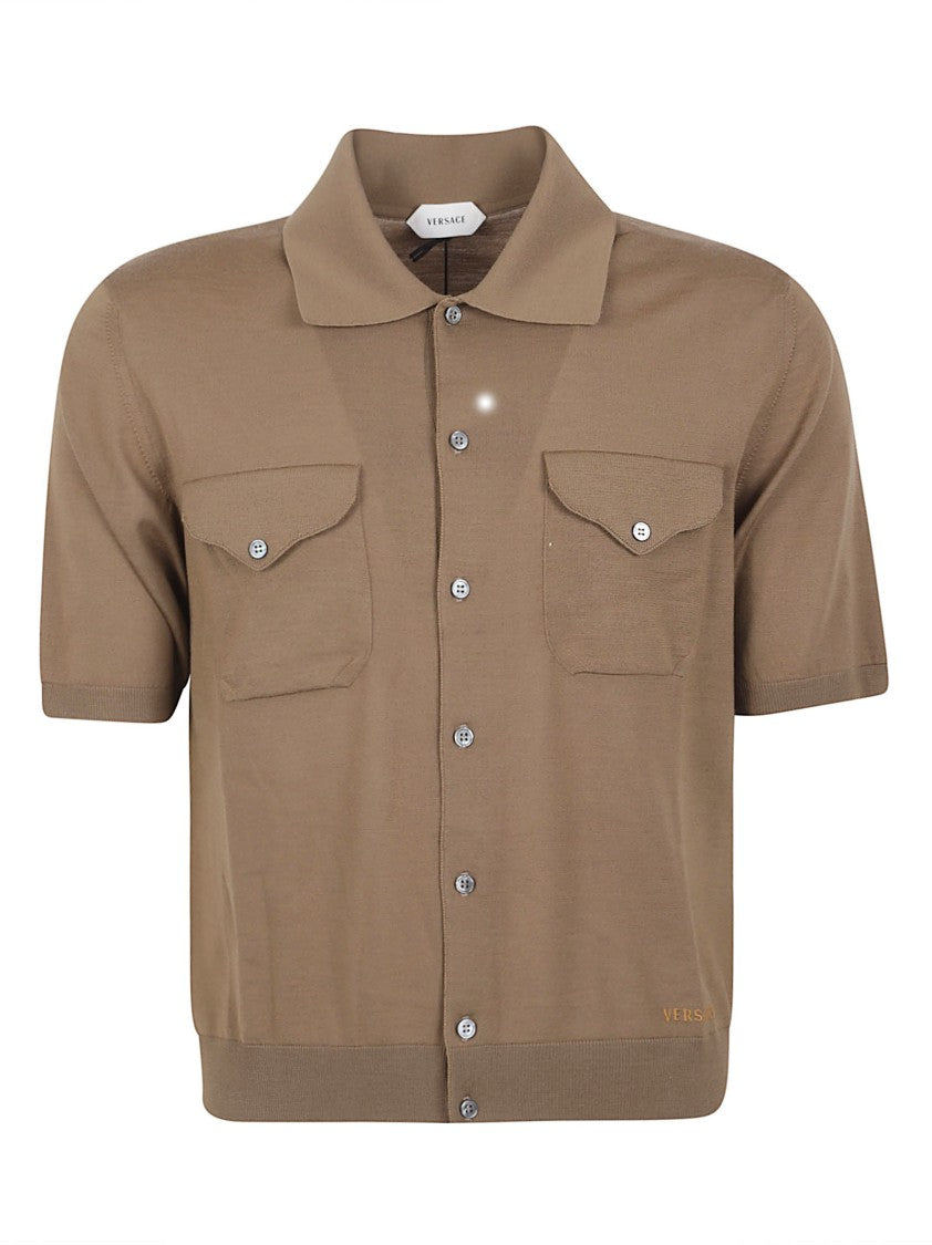 Versace Wool Knit Short-Sleeve Shirt With Polo Collar And Flap Pockets