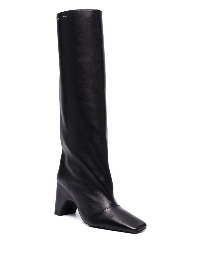 Coperni Mid-Calf Black Leather Boots With Square Toe And Block Heel