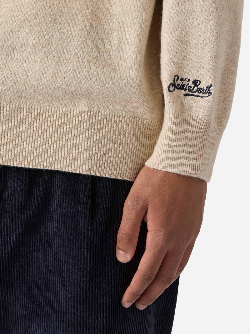 Mc2 Saint Barth Beige Crewneck Sweatshirt With Ribbed Cuffs