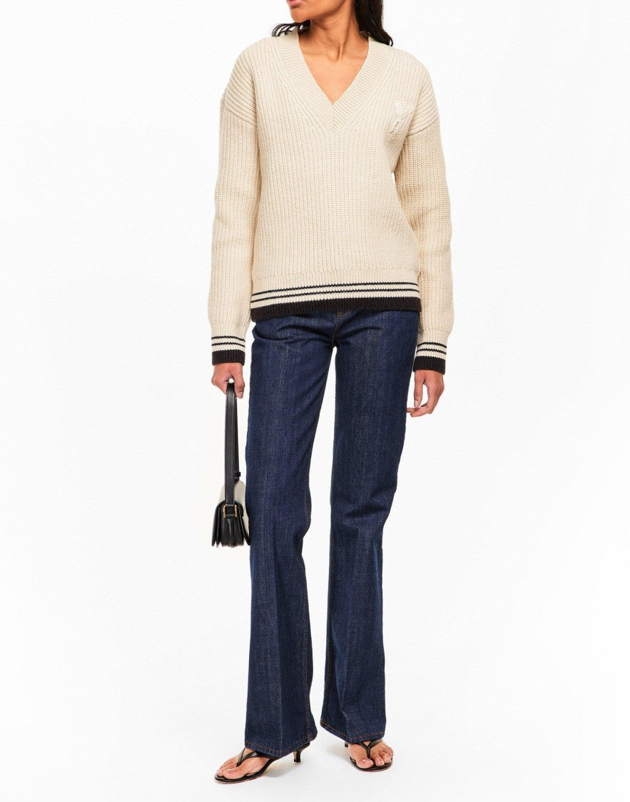 Ami Paris Ribbed V-Neck Knit Sweater With Logo Detailing