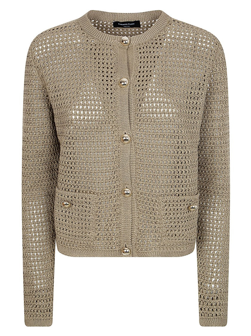 Fabiana Filippi Brown Open-Knit Cardigan With Button-Down Front And Patch Pockets