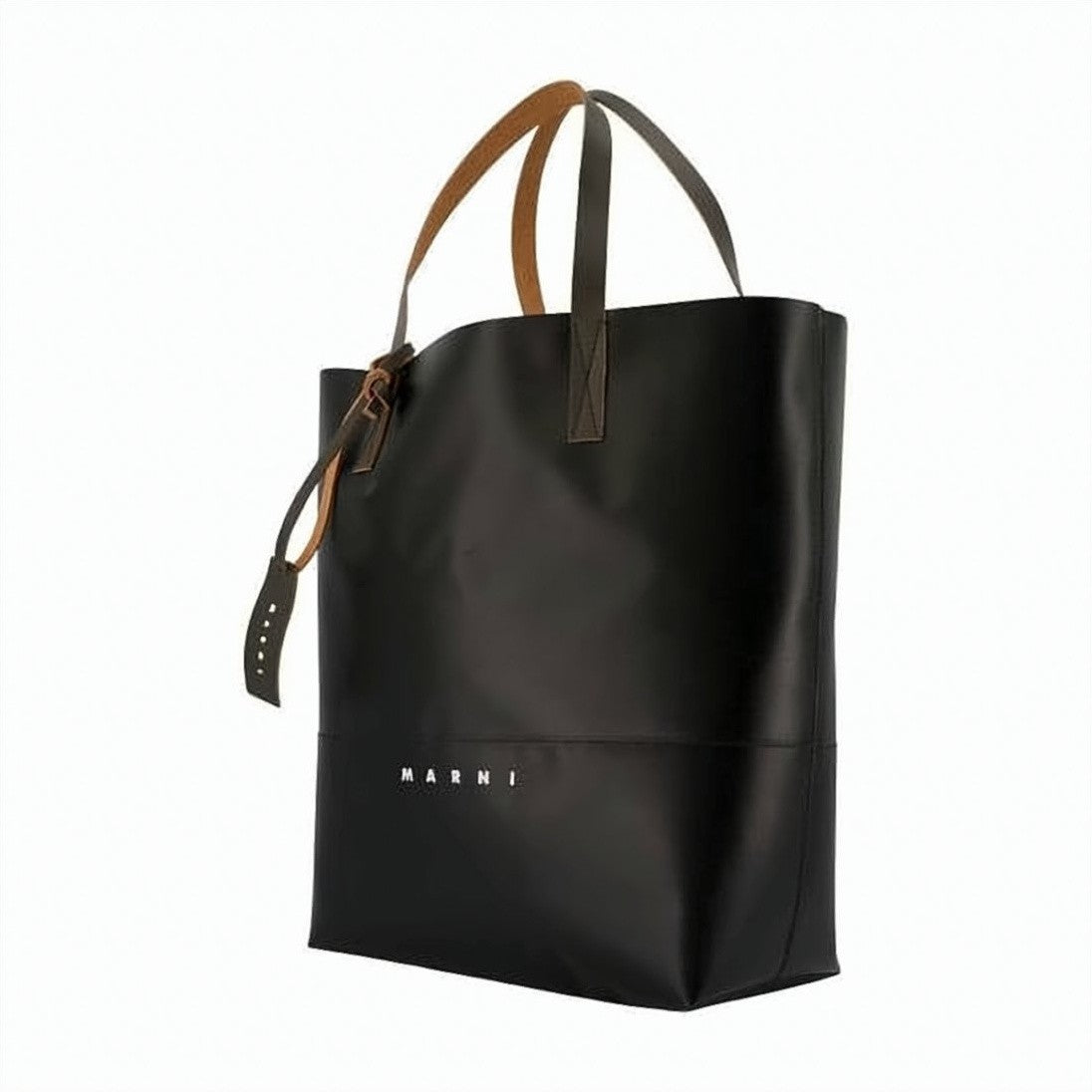 Marni Structured Black Tote Bag With Contrasting Brown Handles And Leather Tag