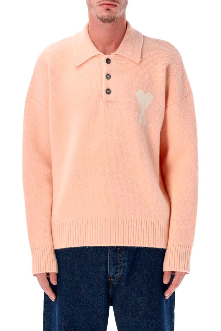 Ami Paris Peach Alpaca-Wool Blend Heart-Logo Polo Sweater
