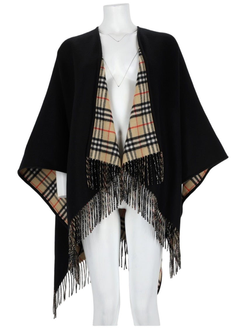 Burberry Check Reversible Fringe Wool Cape