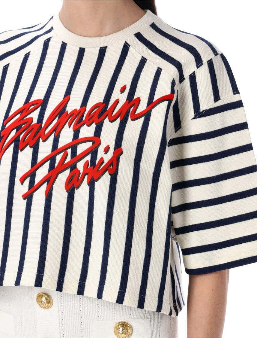 Balmain Cropped Striped Top With Ribbed Neckline And Prominent Logo
