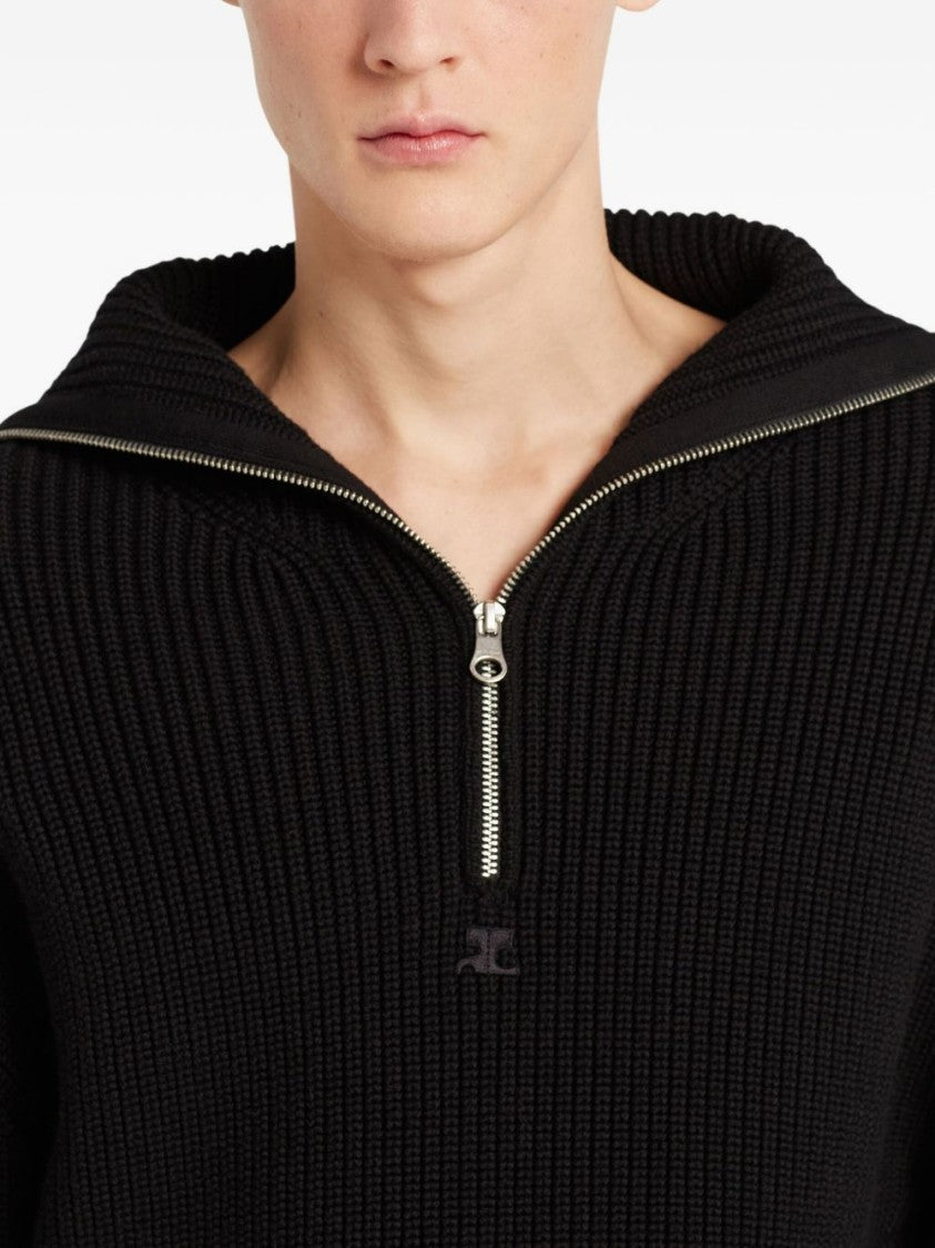 Courrèges Black Ribbed Knit High Collar Sweater