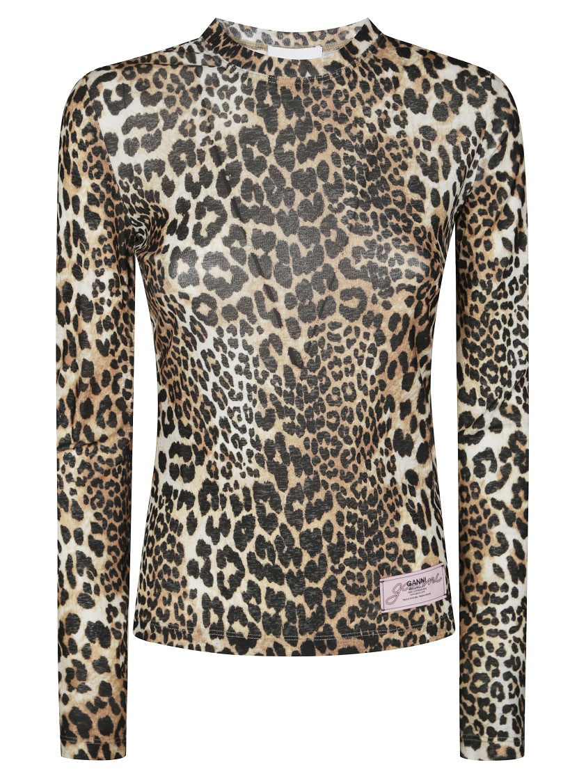 Ganni Printed Marl Mesh Long Sleeve Top