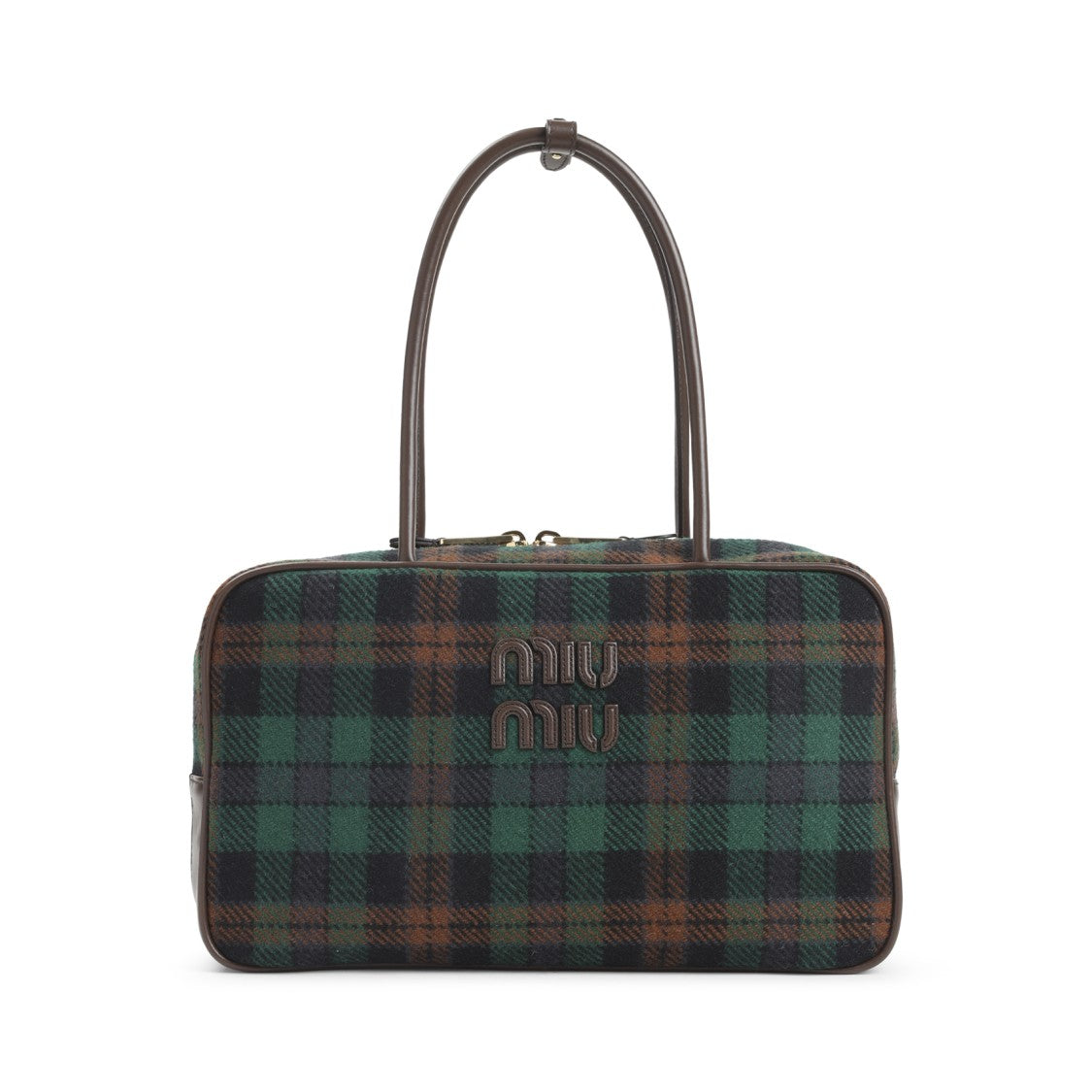 Miu Miu Plaid Wool Blend Shoulder Bag With Leather Trim