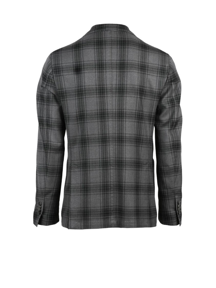 L.B.M. 1911 Grey Plaid Wool Blazer With Notch Lapels And Tailored Fit