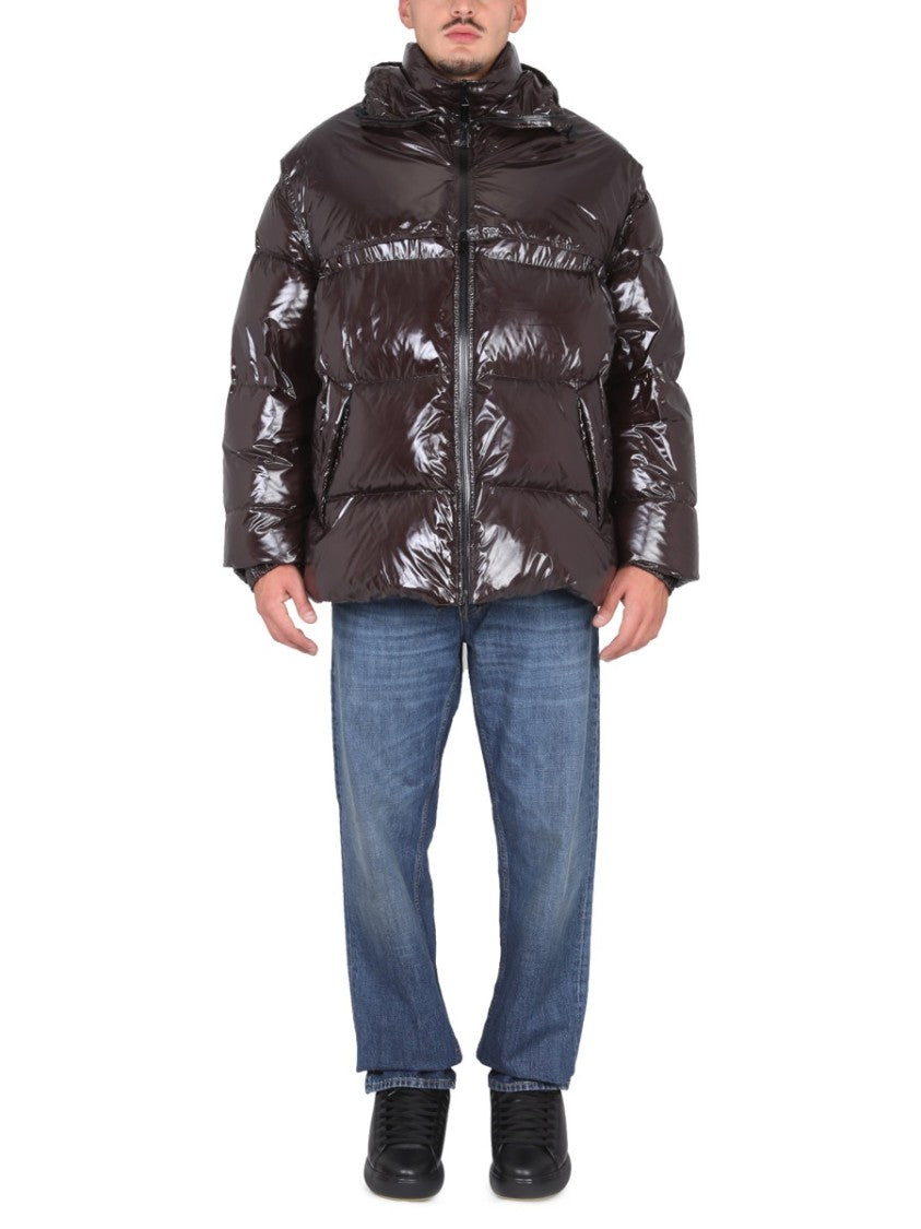 Bottega Veneta Short Glossy Puffer Jacket With Adjustable Hood