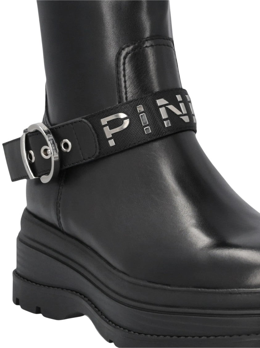 Pinko Ankle Boots With Silver Buckle And Sturdy Sole