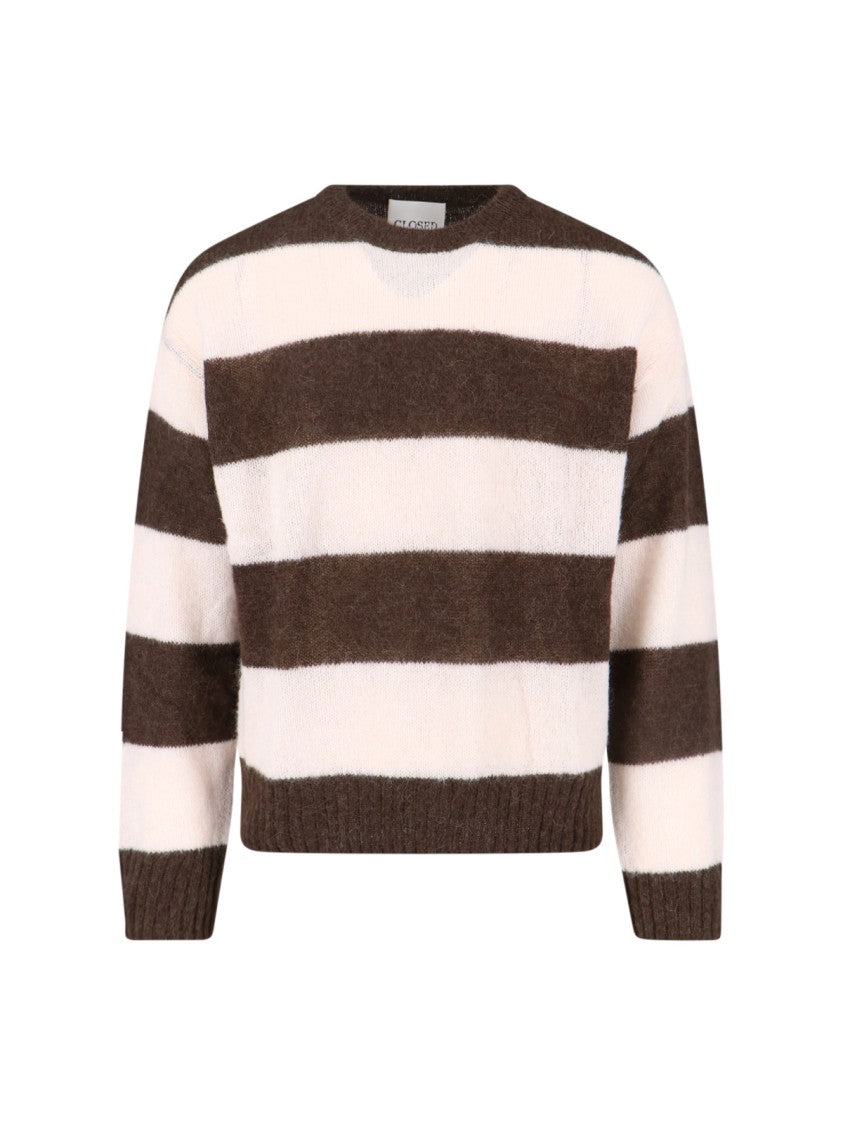 Closed Beige-Striped Brown Alpaca-Wool Sweater With Ribbed Finishes