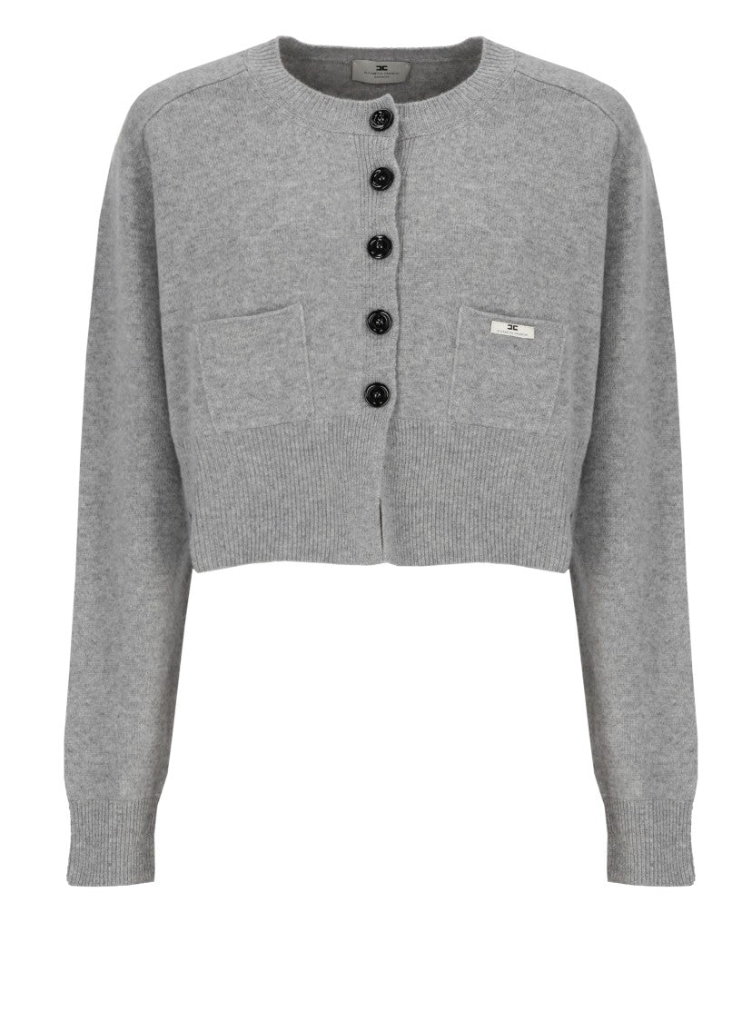 Elisabetta Franchi Grey Cropped Lacquered Buttons Wool Cardigan