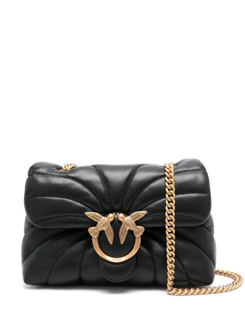 Pinko Black Sheepskin Quilted Foldover Shoulder Bag