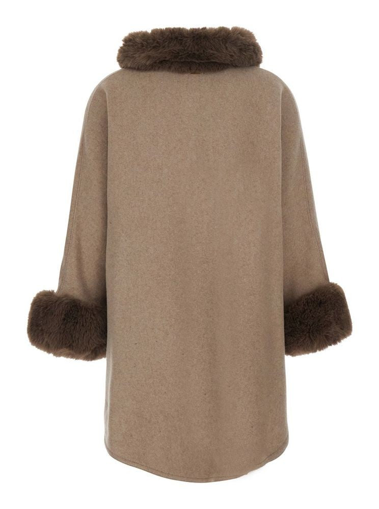 Twin-Set Plush Fur Trim Loose-Fitting Cape Coat