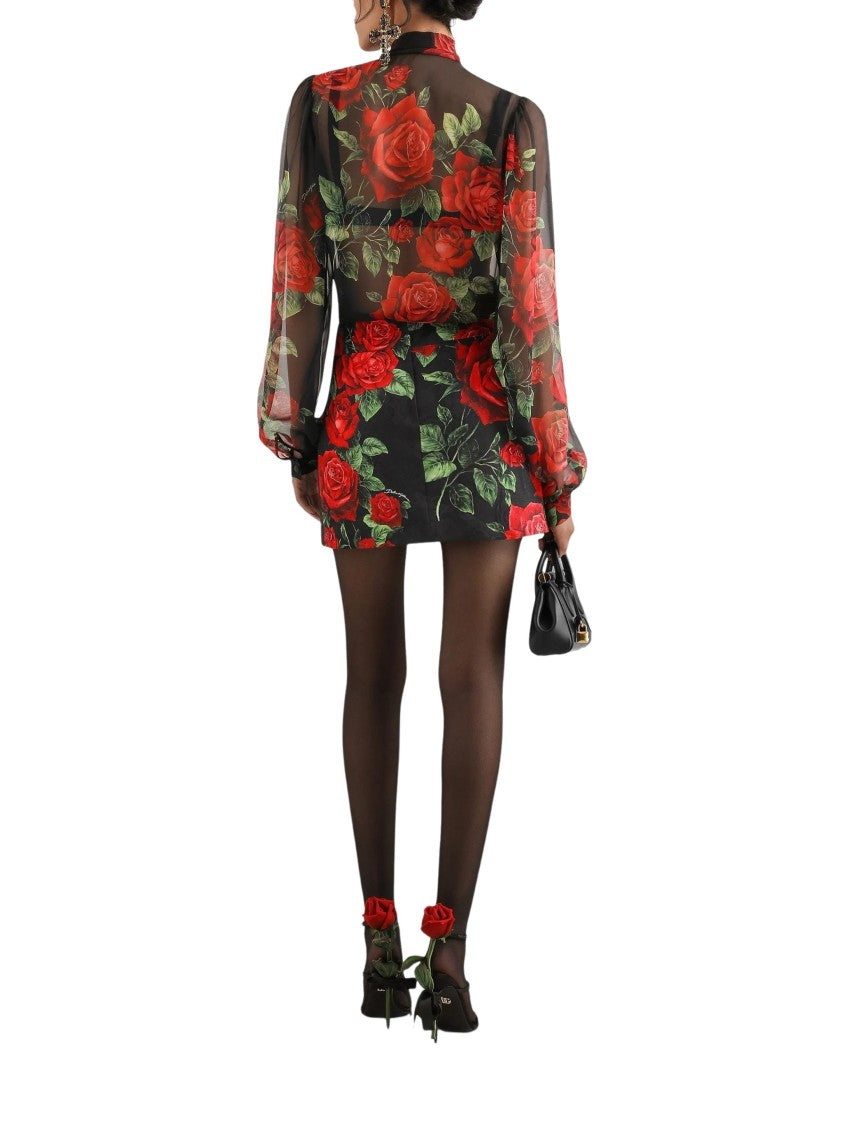 Dolce & Gabbana Multicolour Rose Print Silk Chiffon Blouse