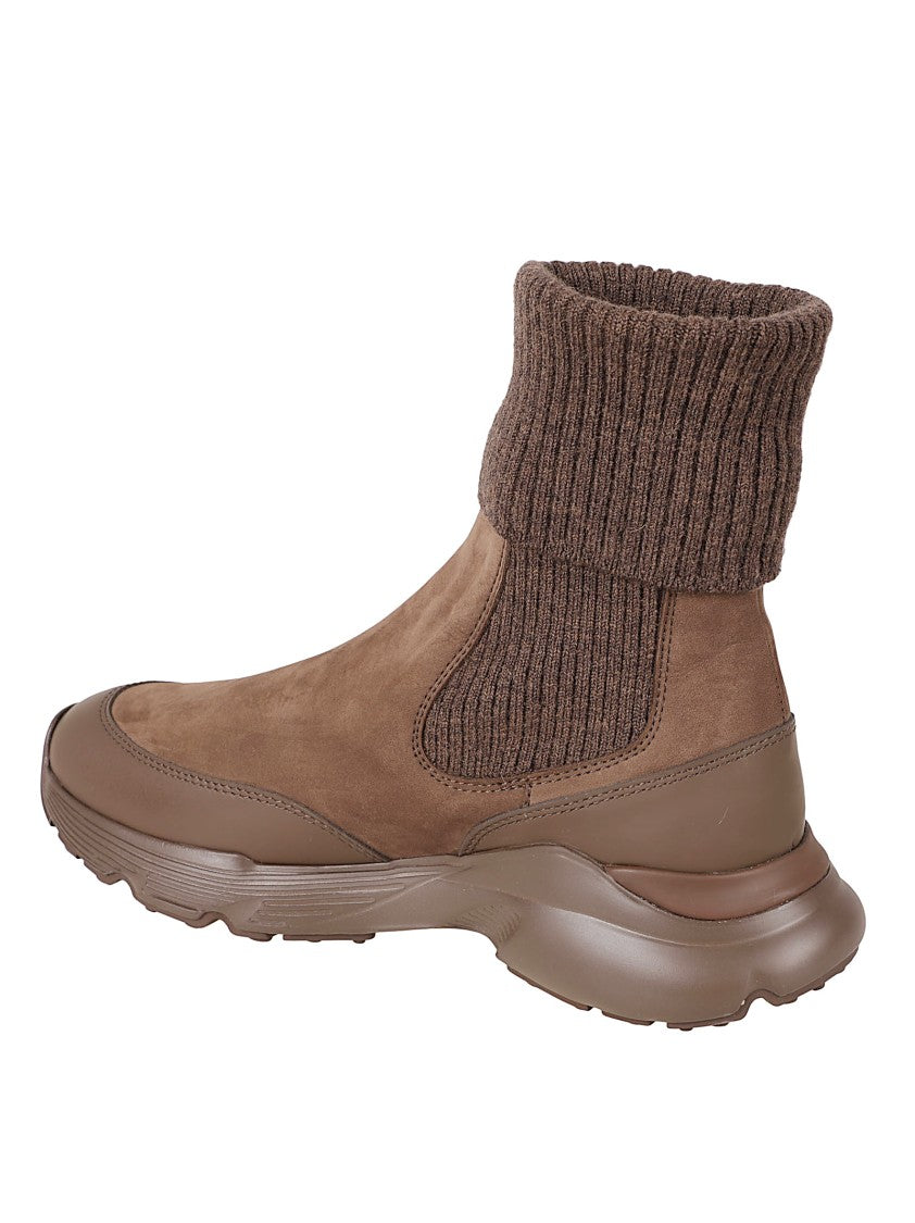 Tod's Streamlined Calfskin Boots With Knitted Cuff And Textured Sole