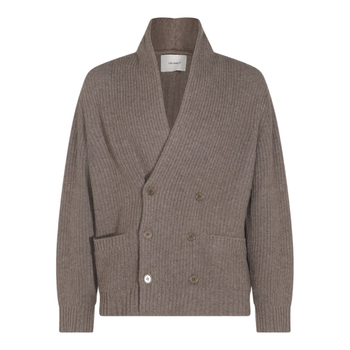 Lisa Yang Double-Breasted Ribbed Knit Shawl Collar Sweater