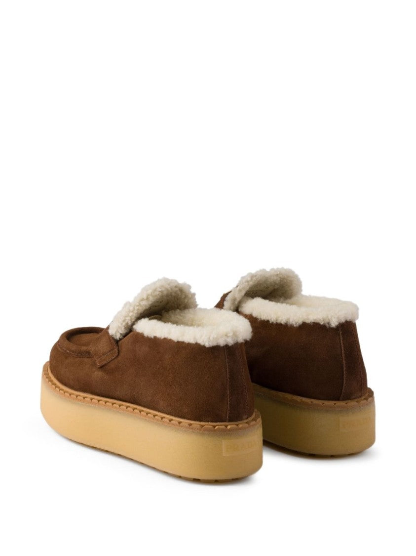 Prada Black Tray-Style Suede Shearling Loafers