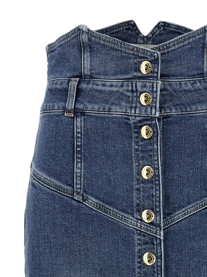 Elisabetta Franchi Cotton Denim Midi Skirt With Asymmetrical Waist