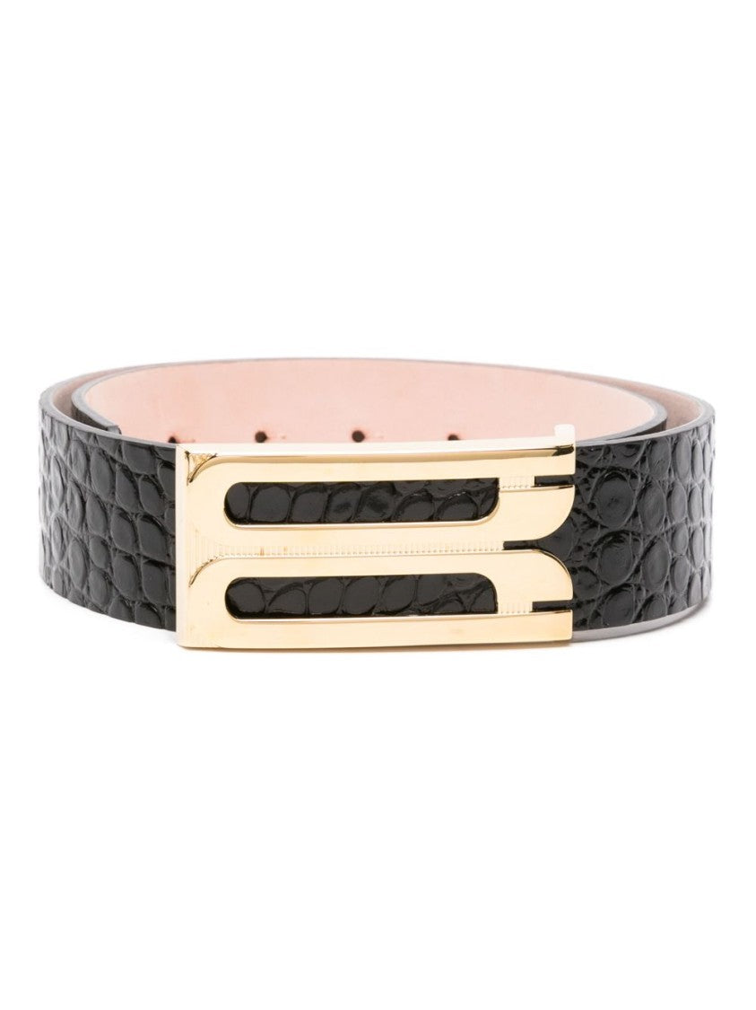 Victoria Beckham Embossed Crocodile Effect Black Calf Leather Belt