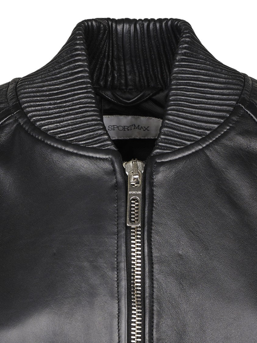 Sportmax Minimalistic Black Leather Coat With Zipper Closure And Ribbed Details