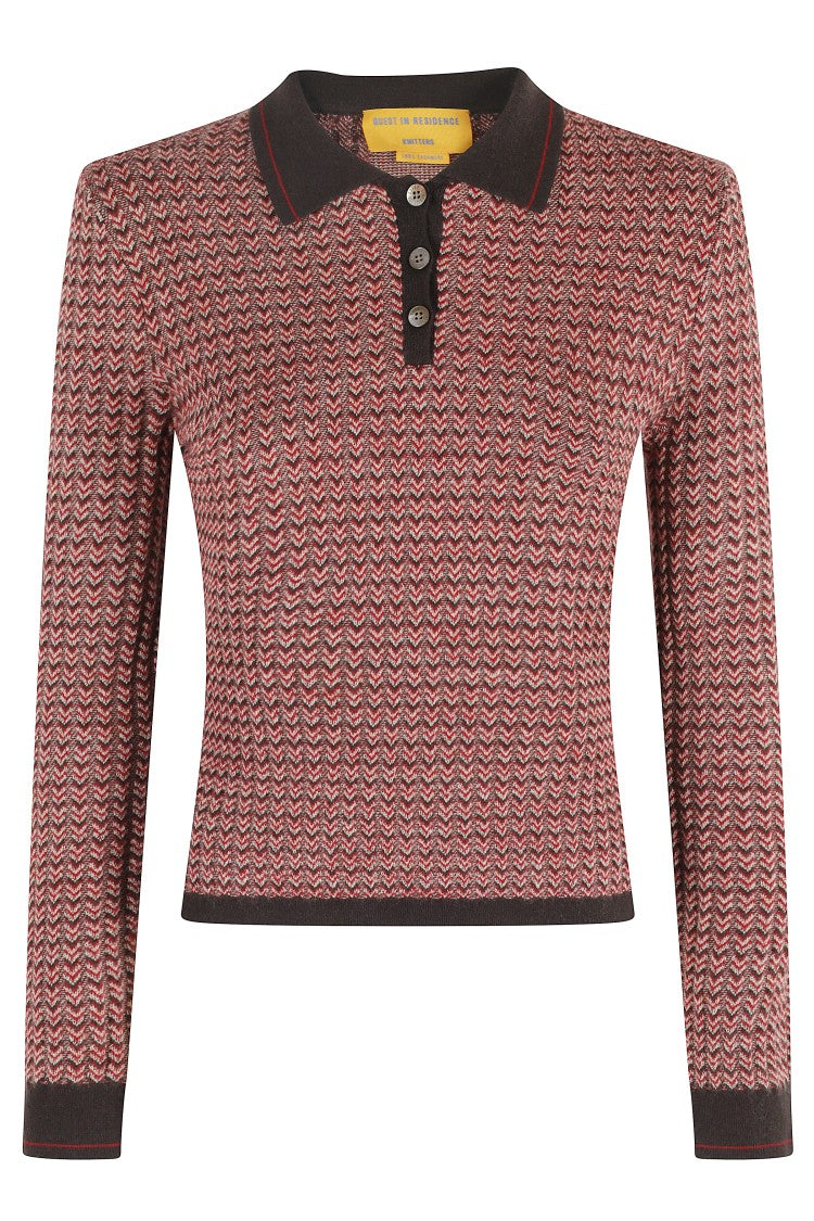 Guest In Residence Chevron Pattern Cashmere Polo Sweater With Classic Collar